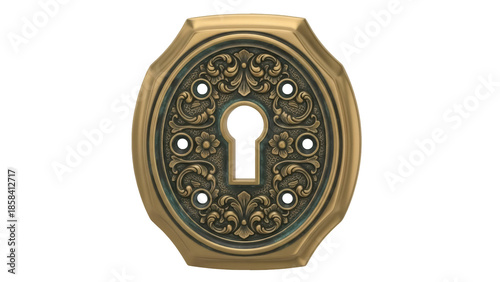 Photography Isolated, ornate keyhole escutcheon with flowers and scroll designs and tarnishe