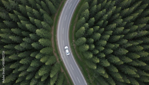 A small white car is driving along a winding asphalt road, captured in a high aerial drone shot over a lush dark green dense pine tree forest.