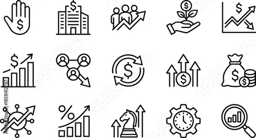 Finance business growth line icons set, investment profit banking analytics money management minimal outline vector for financial apps design
