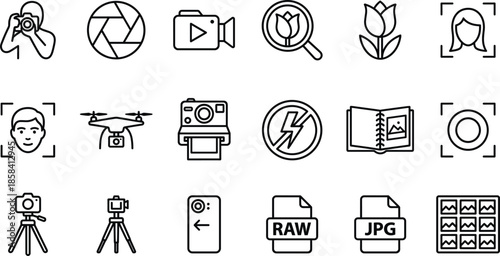 Photography line icons set, camera, aperture, video, drone, tripod, photo formats, minimal outline vector for apps and web design interface