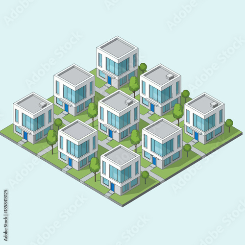 Isometric Houses in Residential Neighborhood.