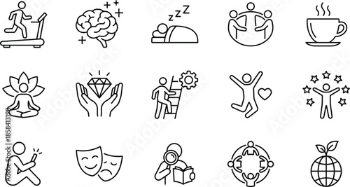 Wellness lifestyle line icons set, mental health self care mindfulness fitness happiness minimal outline vector for healthy living apps design