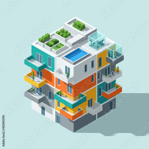 Colorful 3D Building Model with Rooftop Garden.