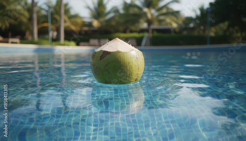 A bright, refreshing close-up captures a fresh young coconut floating on the blue water surface of a luxury swimming pool with tropical palm trees.
