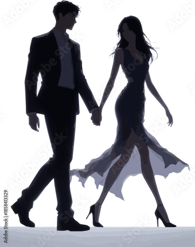 Create a Full body backlight photo of a stylish and elegant couple walking hand in hand, vector art with white background.