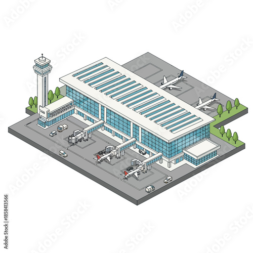 Isometric Airport Terminal with Control Tower.