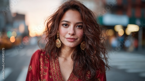 Wallpaper Mural A woman in traditional attire stands confidently on a city street at sunset, reflecting cultural richness, elegance, and the vibrancy of urban life against a colorful backdrop. Torontodigital.ca