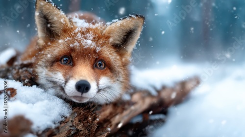 A fox with a snowy coat rests on a log amidst falling snow in a serene, wintery forest setting, showcasing the beauty of wildlife in cold climates and nature's tranquility.
