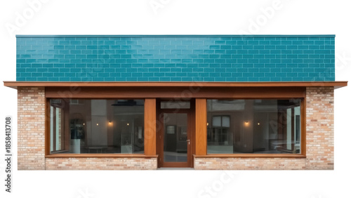 Tableau sur toile Isolated Small store front facade with large windows and a blue tiled parapet wa