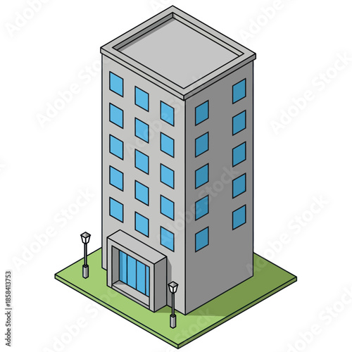 Gray Office Building with Blue Windows.