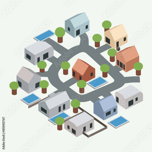 Tableau sur toile 3D Neighborhood Model with Houses and Trees.