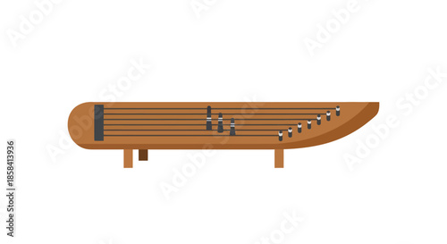 Traditional wooden gusli stringed musical instrument with curved body.