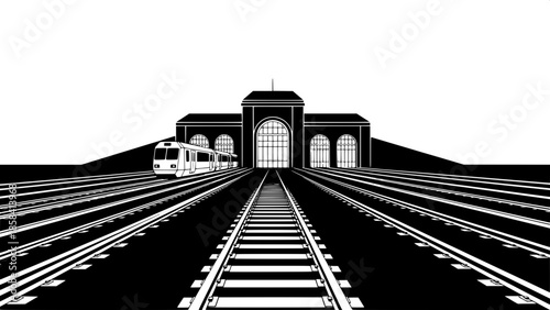 Conceptual Travel Illustration
A conceptual minimalist illustration representing travel and movement, featuring a symmetrical train depot, linear railway tracks, high contrast black-and-white palette,