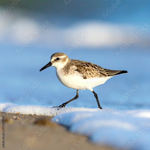 Small shorebird walks at the water's edge, blurred ocean background on a bright, sunny day