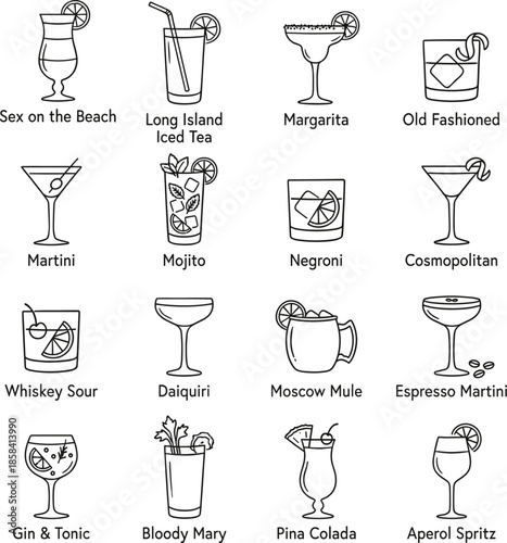 Set of 16 black line icons for classic cocktails and mixed drinks, ideal for vector illustration content