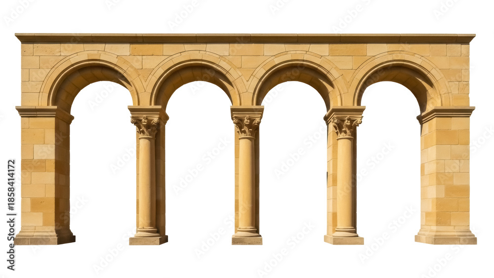 Fototapeta premium Isolated architectural stone facade with arches and columns, ancient historical building