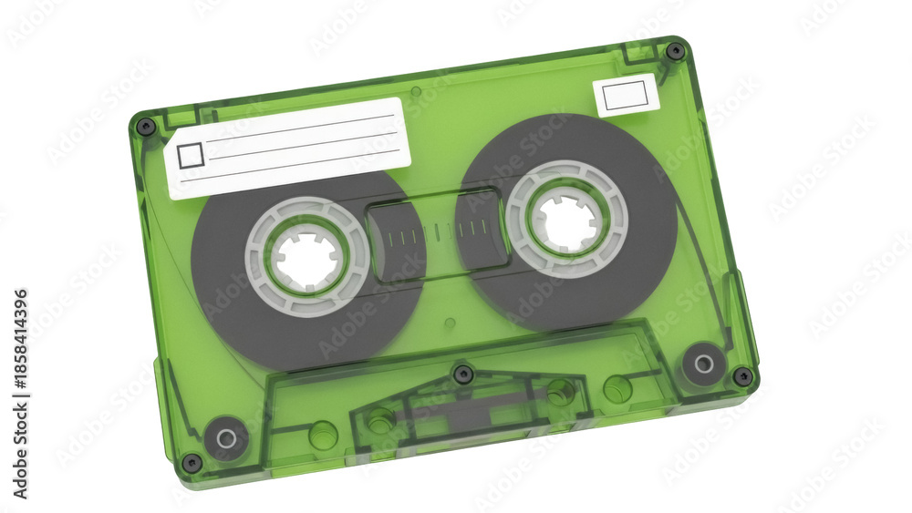 Naklejka premium Isolated green audio cassette tape for music recordings and retro sound media playback