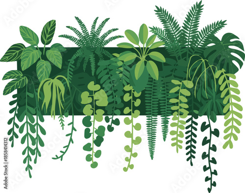 Create a Green decorative wall with different green plants, rendered cut out image vector art with white background.