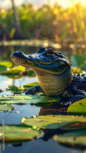 Smiling alligator resting on lily pads in sunlit swamp water