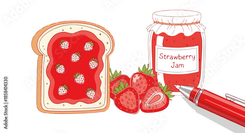 Strawberry jam on toast with fresh strawberries and a pen
