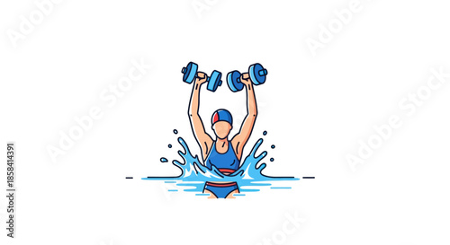 Cartoon Swimmer Lifting Dumbbells in Water Exercise Concept.