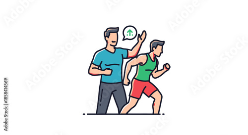 Cartoon Illustration of a Personal Trainer Guiding Runner.