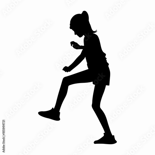 Little girl walks or steps over an obstacle