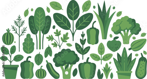 Create a Group of different green plants and vegetables vector art with white background.