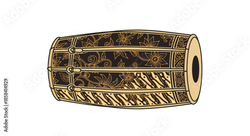 Traditional Indian Dholak Drum with Intricate Carvings and Wooden Frame.