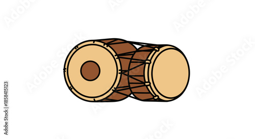 Traditional Double-Headed Drum with Brown Wooden Body and Beige Drumheads.