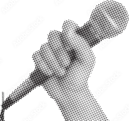 Stylized halftone graphic silhouette depicts a hand firmly gripping a vintage microphone ready for performance or announcement