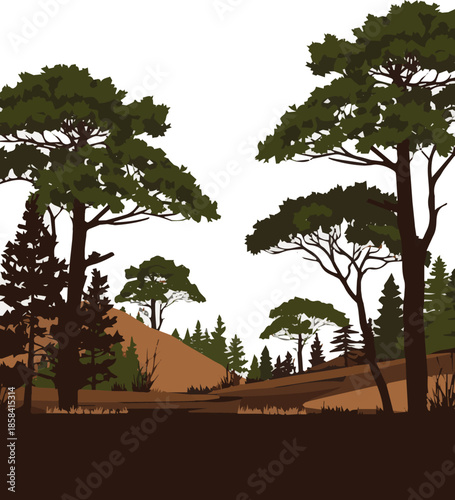 Create a kinds of deferent Group of trees in foreground vector art with white background.