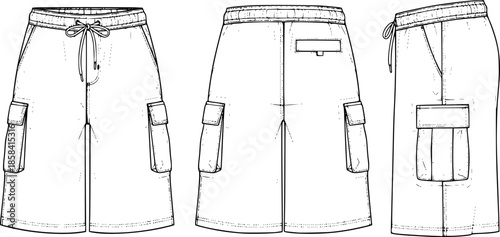 mens wide leg baggy bermuda shorts fashion flat sketch vector illustration technical cad drawing template
