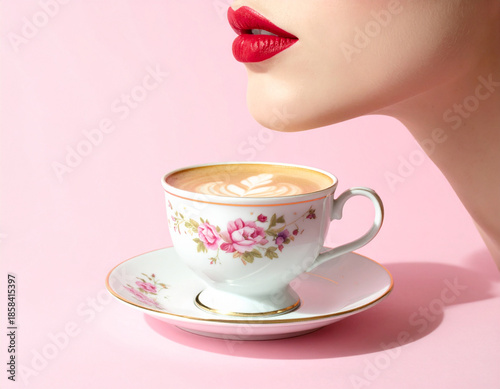 A girl with a cup of coffee, romantic, nostalgic morning routine concept, retro aesthetic.