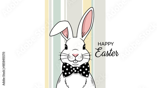 A cute white bunny wearing a black and white polka dot bow tie, with "Happy Easter" text.