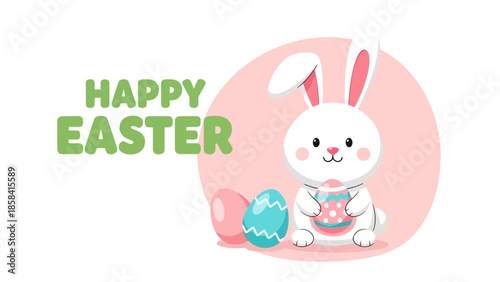 A cute cartoon illustration of a white Easter bunny holding a basket with eggs, with 'Happy Easter' text.