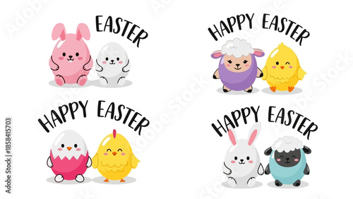 Four adorable cartoon illustrations of Easter characters including bunnies, chicks, sheep, and decorated eggs wishing a Happy Easter.