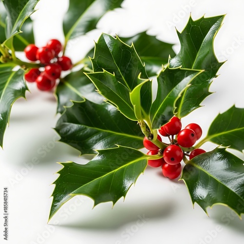 A festive Christmas sprig of green holly leaves and ripe red berries on a winter ilex branch creates a natural holiday decoration isolated for a seasonal plant arrangement
