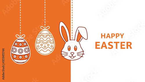 Happy Easter greeting with hanging decorated eggs and a cute bunny face on an orange and white background.