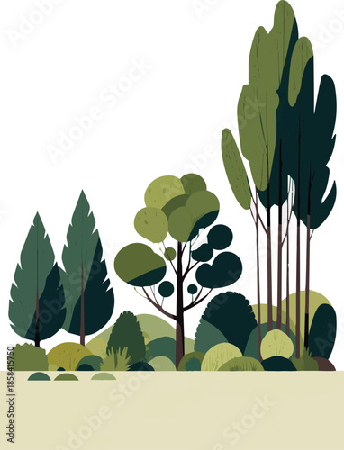 Create a kinds of deferent Group of trees in foreground vector art with white background.