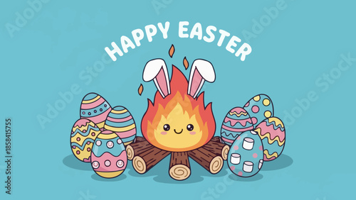 A cute, anthropomorphic campfire with bunny ears roasts marshmallows and is surrounded by colorful Easter eggs, celebrating the holiday.