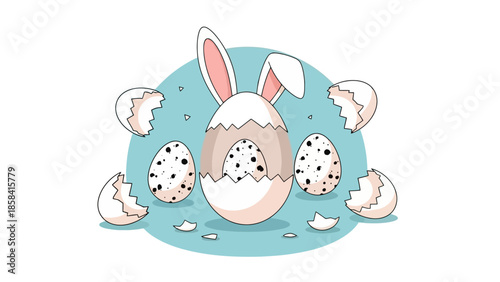 A whimsical Easter egg with bunny ears cracks open to reveal a smaller speckled egg inside, surrounded by broken eggshells.