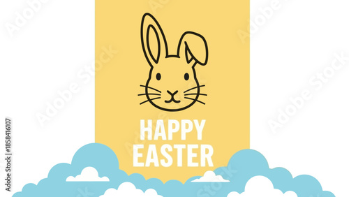 Happy Easter Bunny Illustration with Clouds and Greeting Text on a Yellow Background