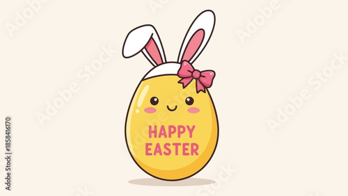 Happy Easter Cute Bunny Egg Illustration with Bow, Cheerful Holiday Greeting