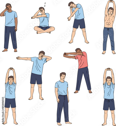 Create a kinds of deferent Man waking up in the morning and stretching vector art with white background.