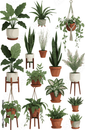 Create a kinds of deferent realistic Composition of flowers and plants arranged in pots and on plant stands, cut out vector art with white background.