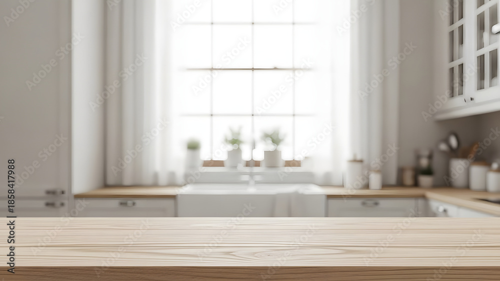 Fototapeta premium A blurry kitchen interior with a large window and wooden countertop