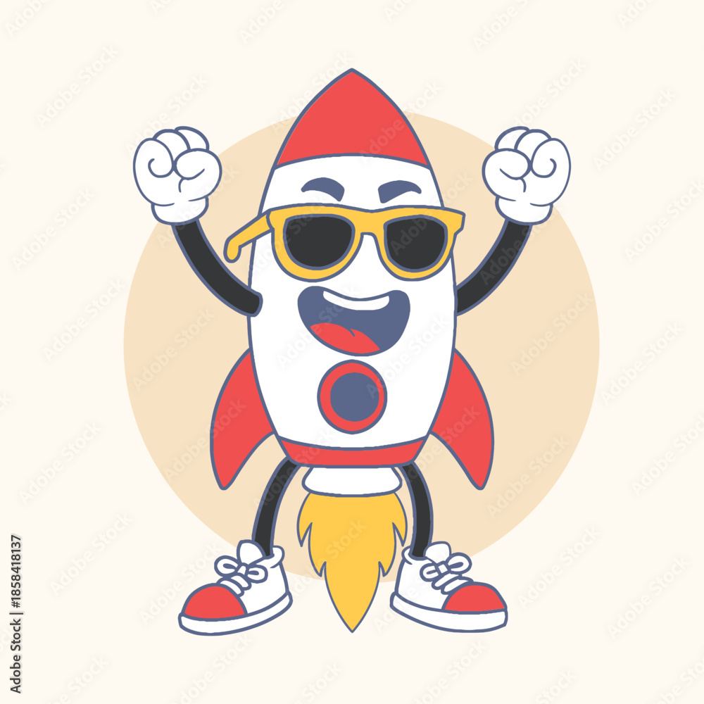 Obraz premium Cute groovy cartoon rocket mascot with sunglasses, retro illustration for space exploration and startup concepts.
