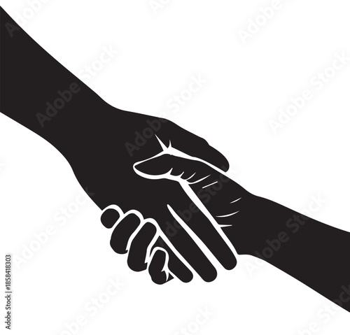 Vector icon illustration of two hands shaking, symbol cooperation, trust, unity. Black hands silhouette on a white background. Ideal for projects related to business, partnerships, teamwork, peace