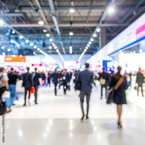 Blurry indoor expo hall. People walking